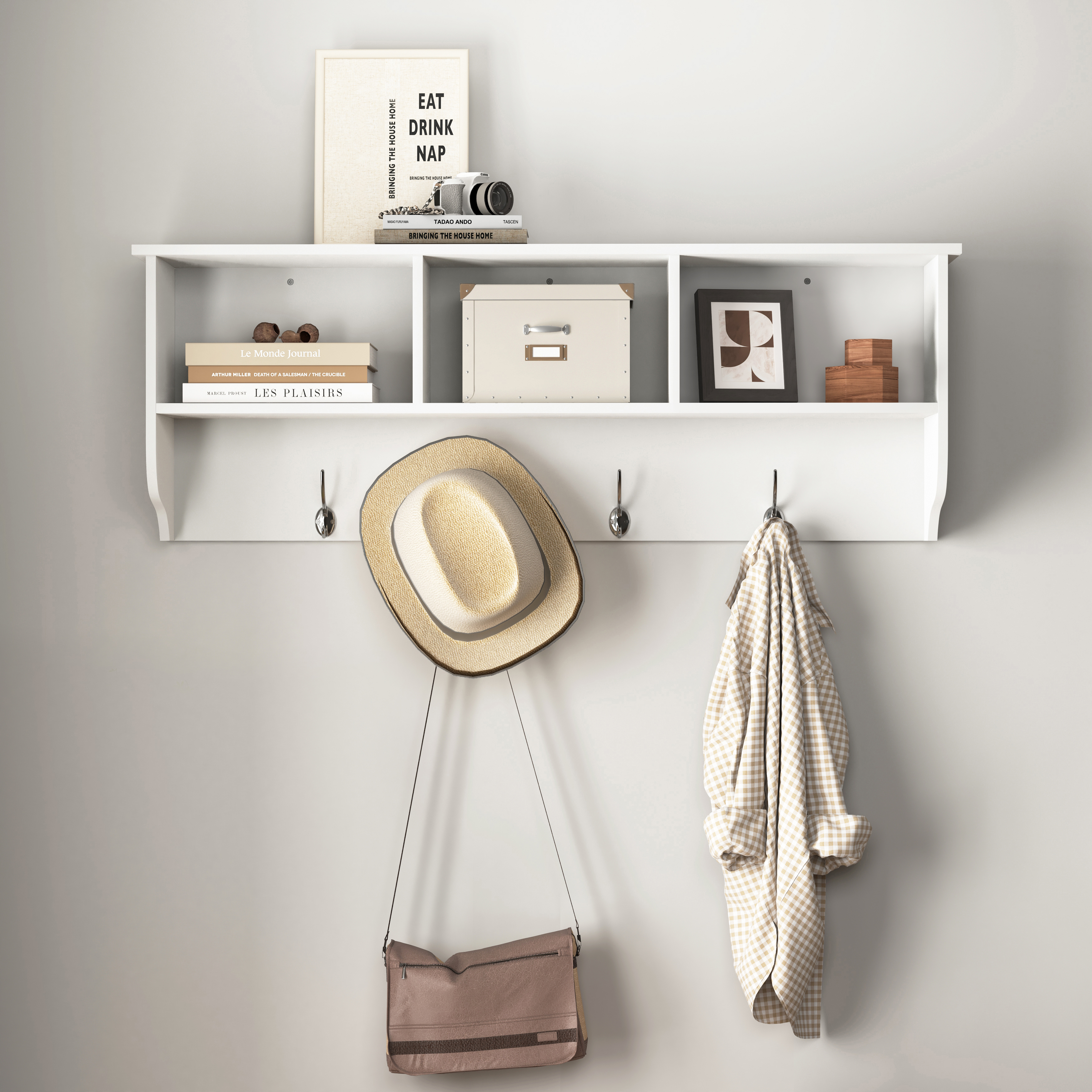 White Entryway Wall Mounted Coat Rack with 4 Dual Hooks Living Room Wooden Storage Shelf
