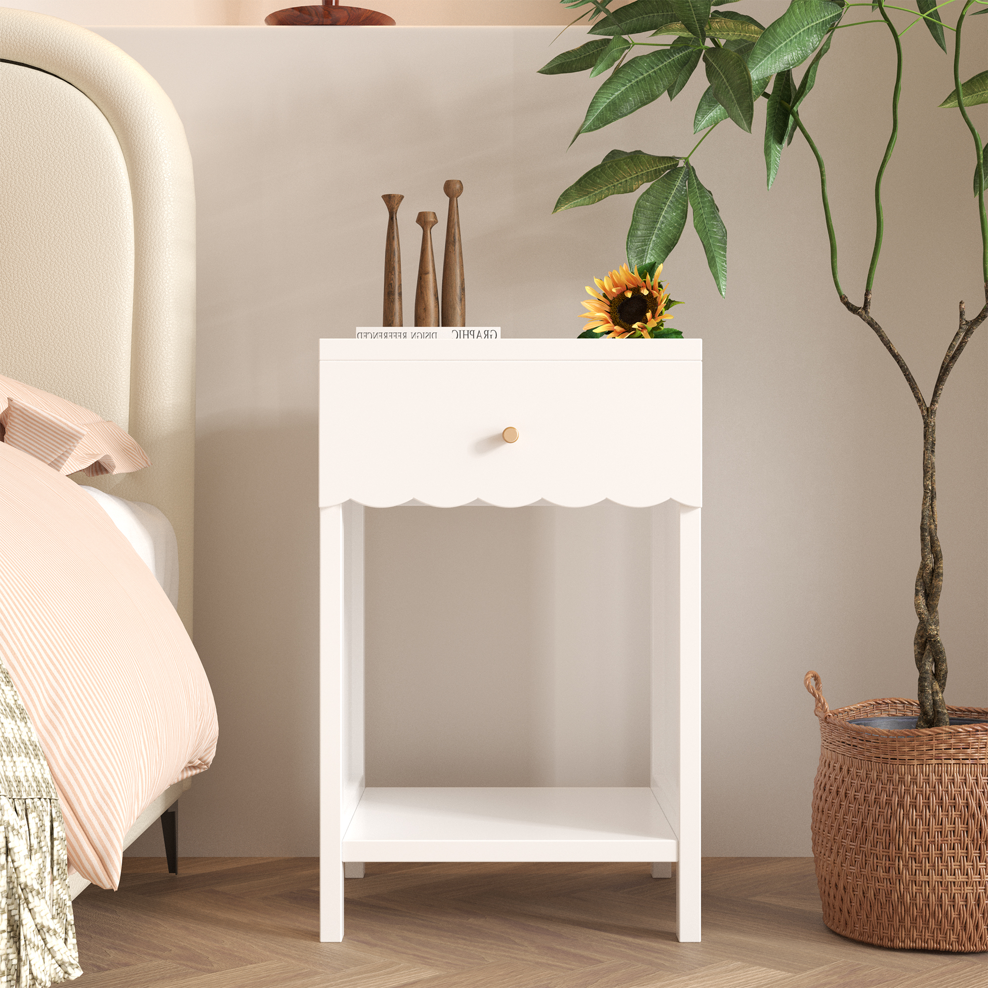 Modern White Nightstand with Drawer and Open Shelf,Scalloped Edge Bedside Table for Bedroom, Cute Minimalist Side Table for Kids Room or Girls