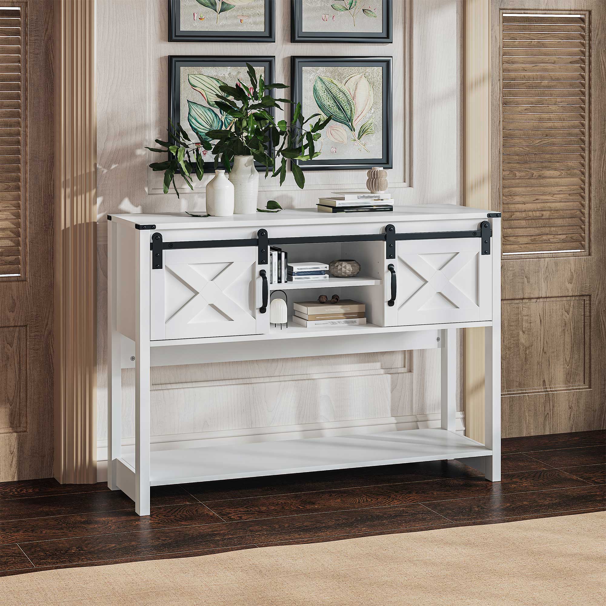 Entryway Table with Storage, 46" Modern Farmhouse Console Table with Sliding Barn Door, Wood Rustic Sofa Table with Adjustable Shelf for Living Room, Foyer, Hallway, White