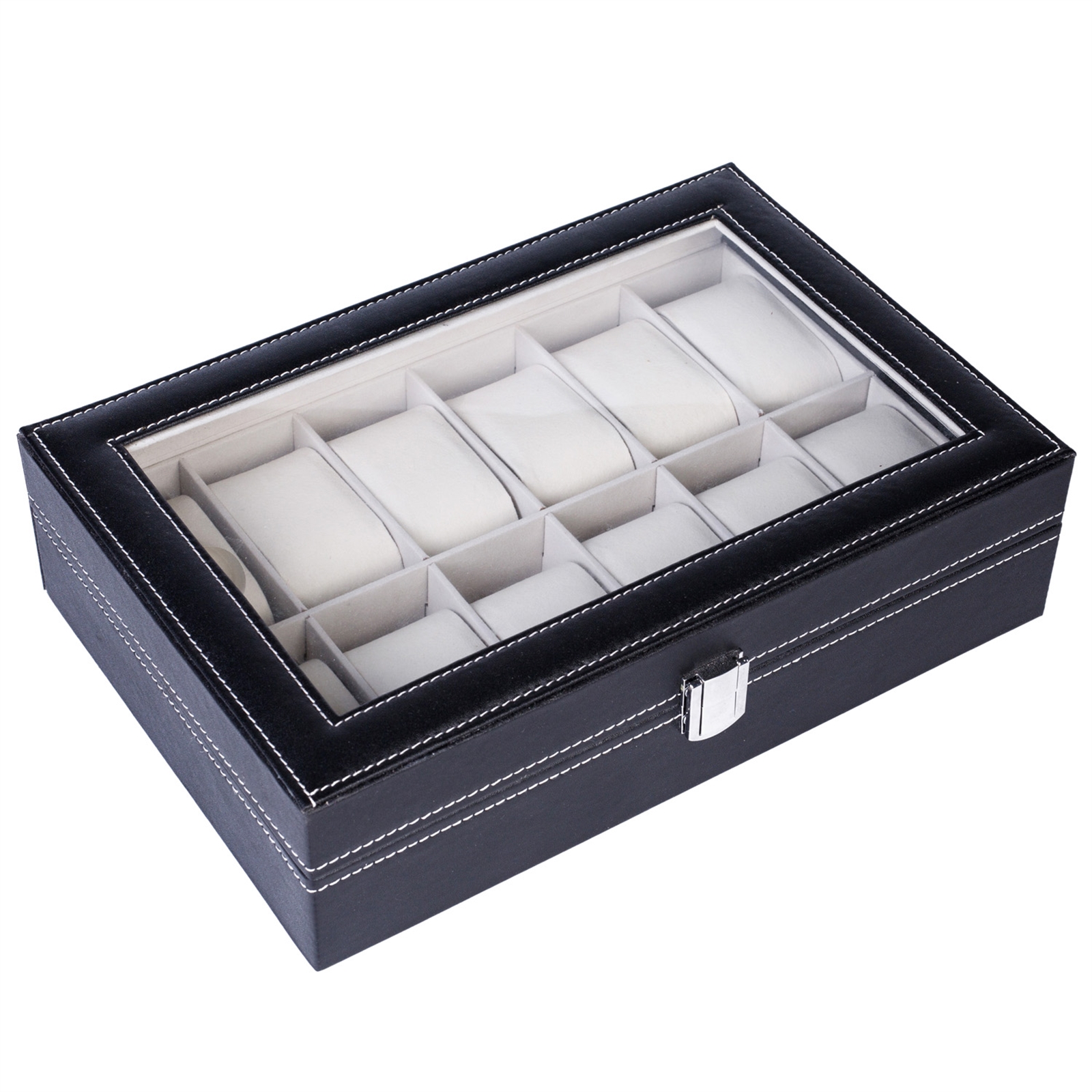 12 Compartments Top-level Opening Style Leather Watch Collection Box Black(USPS is not supported at the moment)