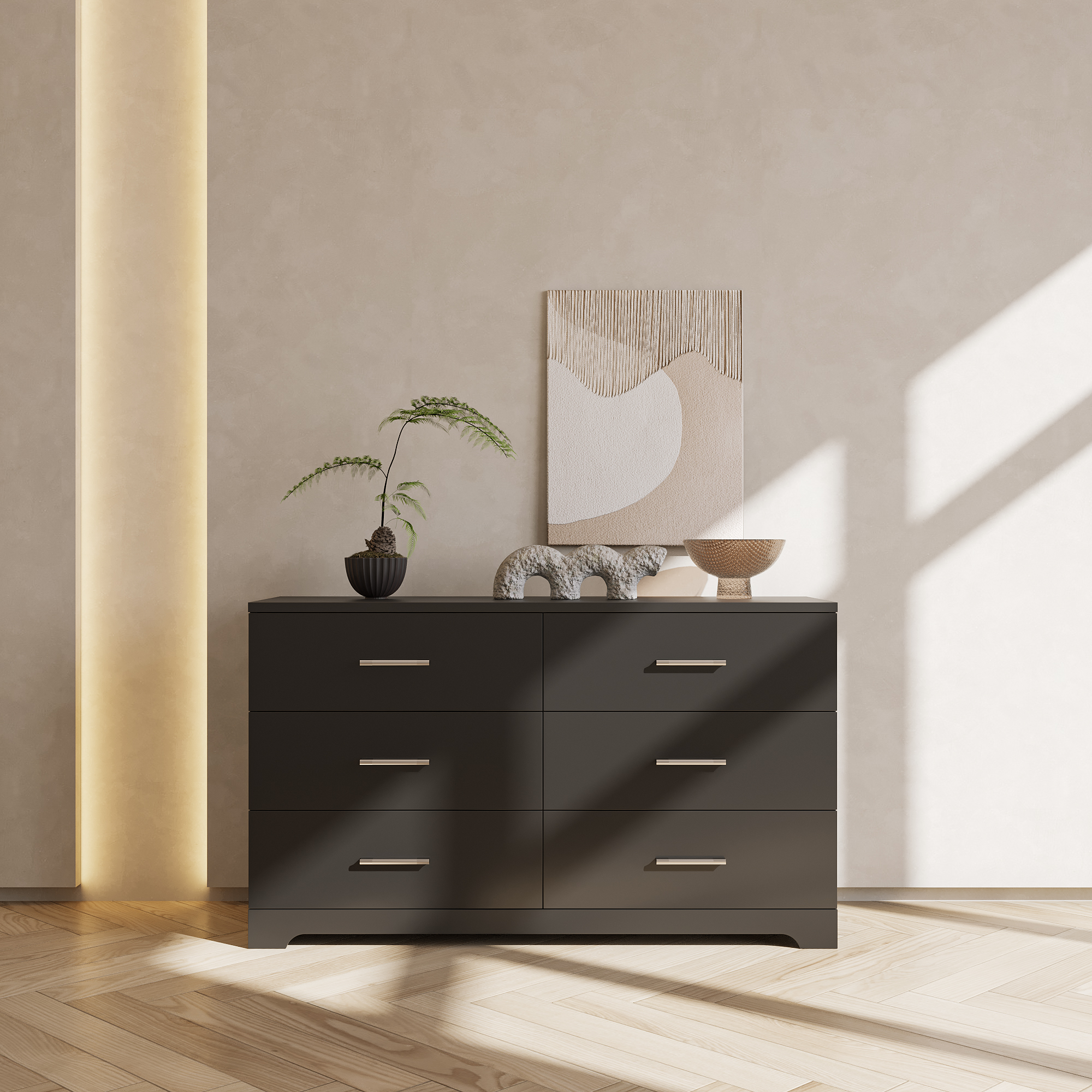 6 Drawer Double Dresser for Bedroom, Wide Storage Cabinet for Living Room Home Entryway, Black(=06346089)