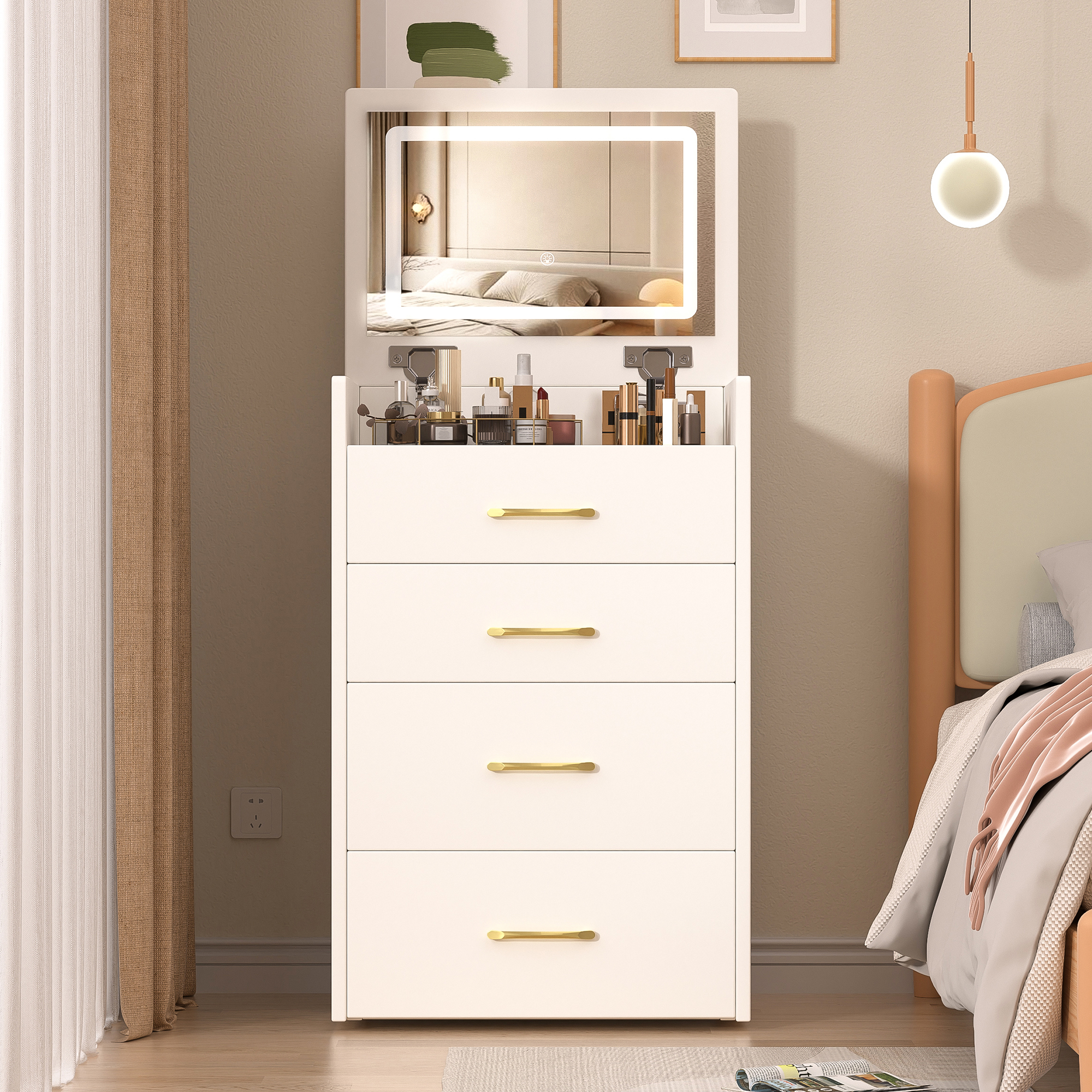 3 in 1 Vanity Desk with open Top Mirror,Small Make Up Vanity Set with Visible Glass Desktop,Compact Makeup Vanity with 3 Drawers,Dressing Table for Bedroom