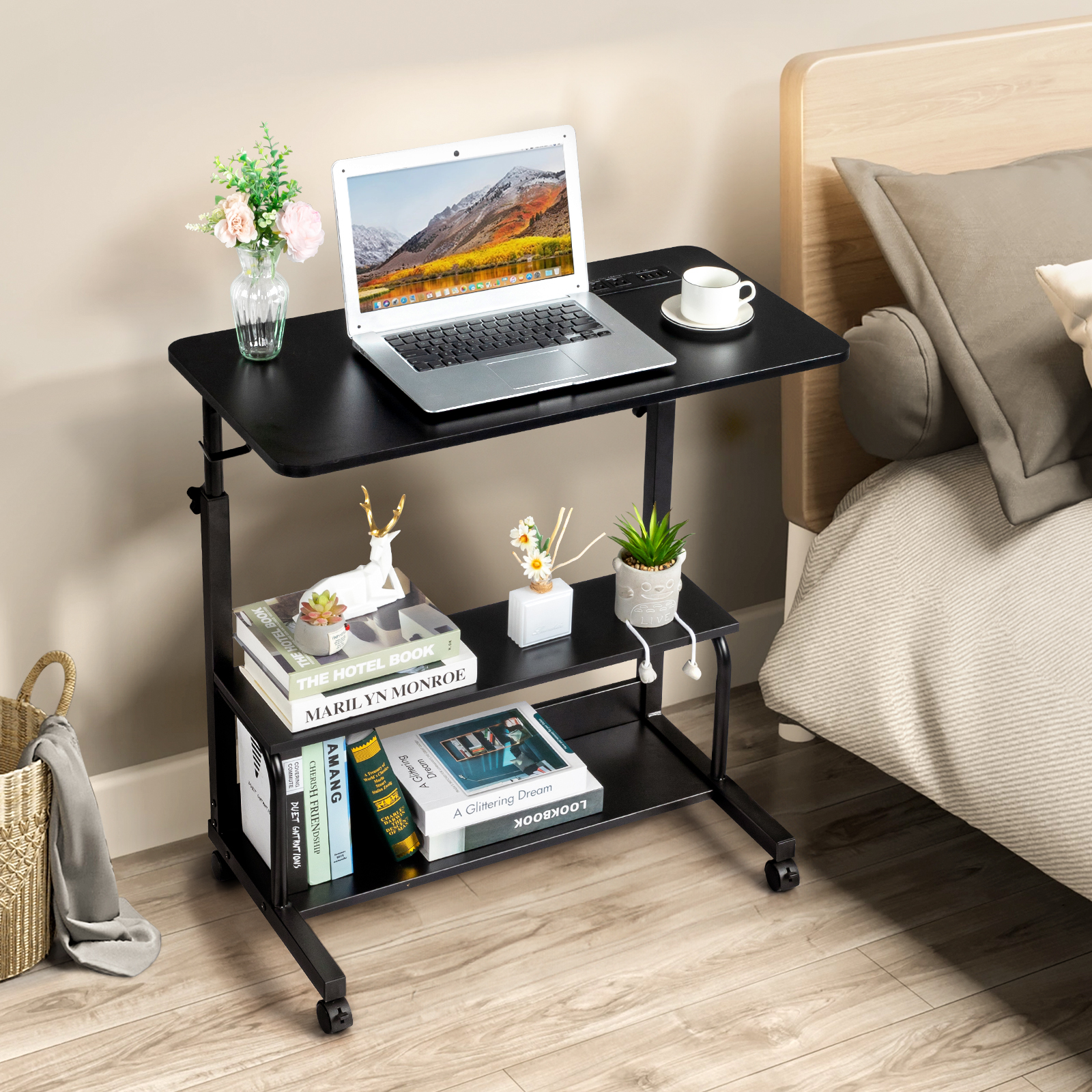 Black Wood Grain P2 15MM Particle Board with Melamine Coating Adjustable Computer Desk with 3 USB + 2 AC Outlets